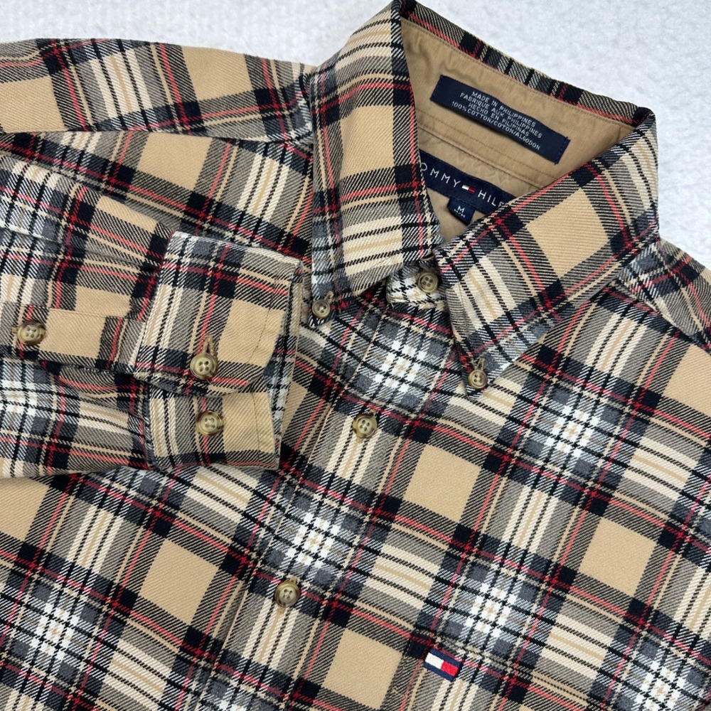 Tommy Hilfiger Plaid Flannel Shirt Mens Medium Vintage 90s Cotton Button Down